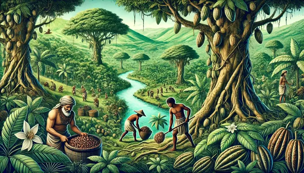 Ancient people harvesting cacao in the Amazon jungle.