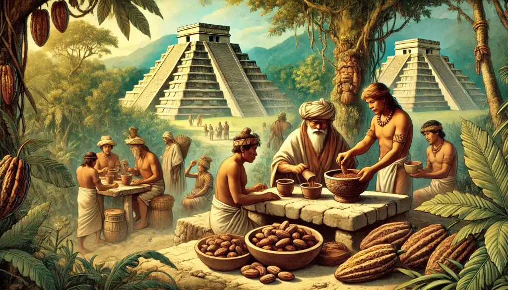 People of the Maya civilization preparing cacao drinks in traditional vessels.