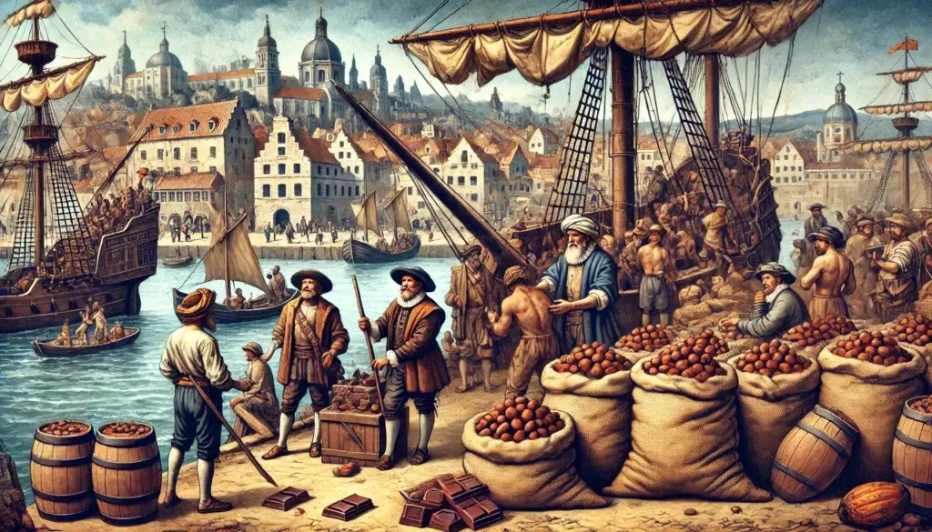 Spanish explorers carrying cacao beans at a port.