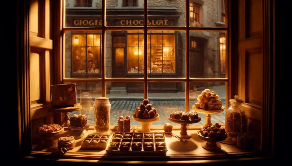 A vintage-style chocolate shop window from the movie Chocolat, displaying beautifully arranged chocolates with reflections of a 1950s French village in the background.