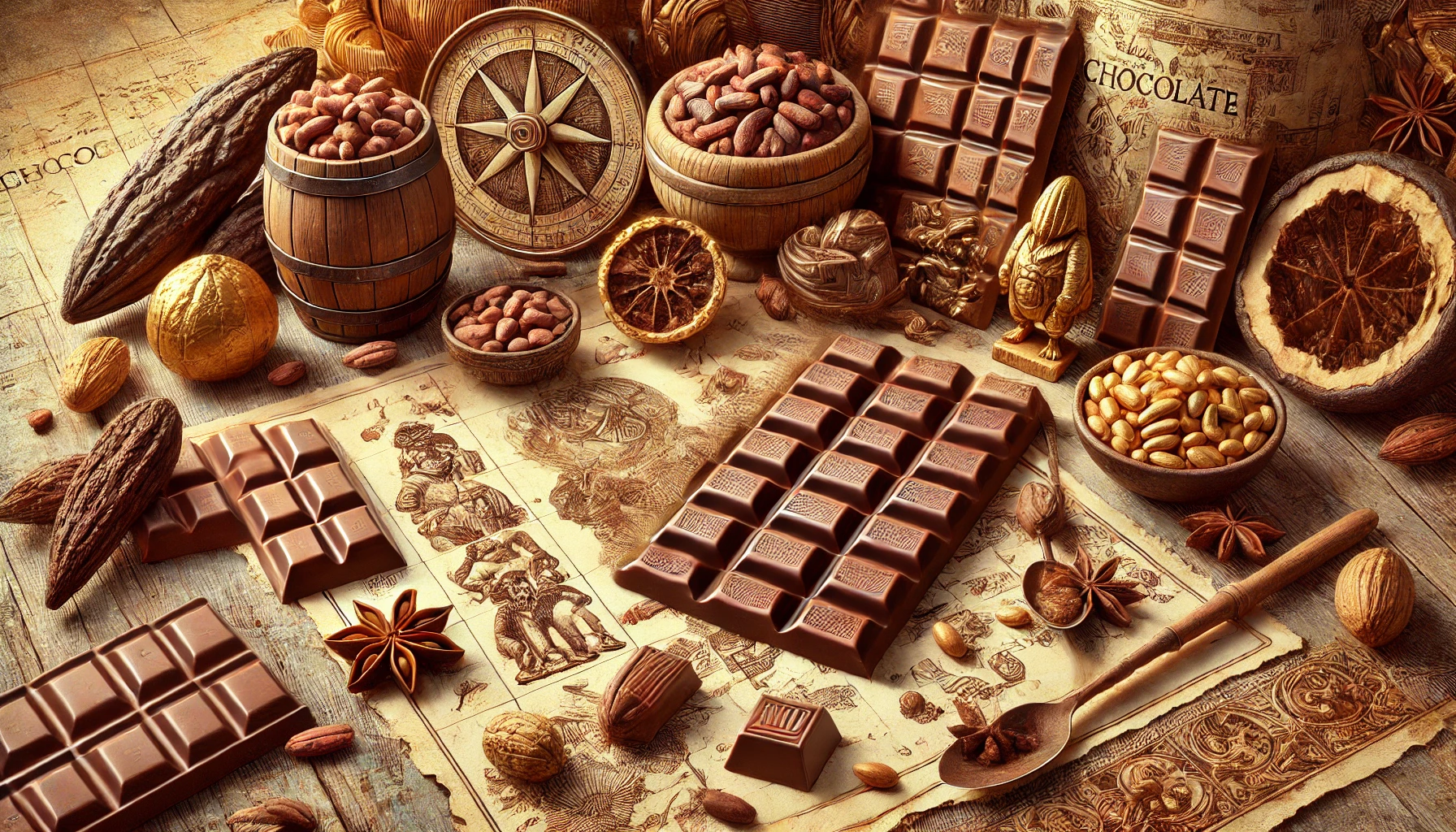 Featured image for an article on the history of chocolate, depicting cacao beans, a chocolate bar, and a historical map.