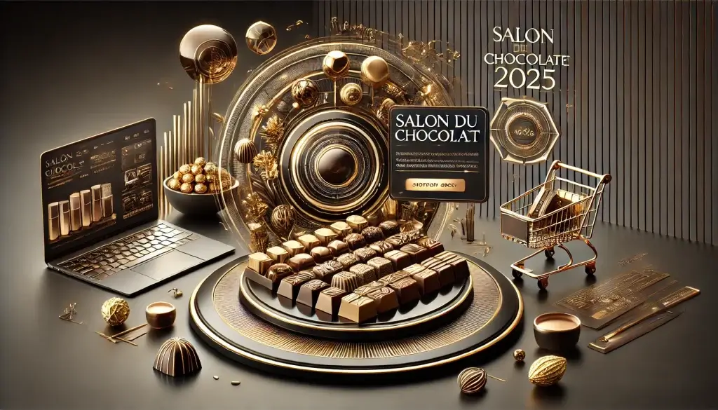 Here is the image for your Salon du Chocolat 2025 article. It is designed to capture the luxurious and sophisticated theme of the event with a focus on high-end chocolates and the convenience of online shopping